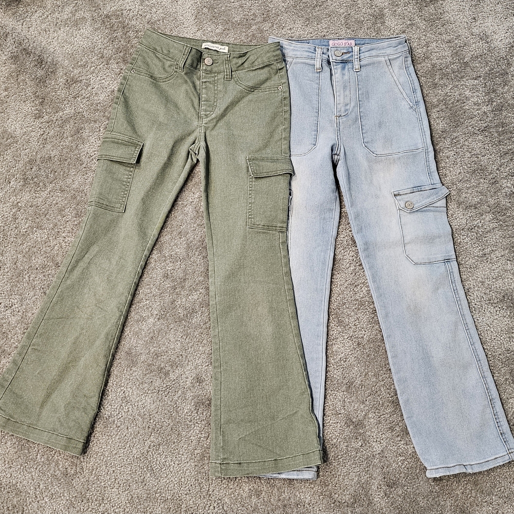Girls Cargo Jeans - Green and Light Blue